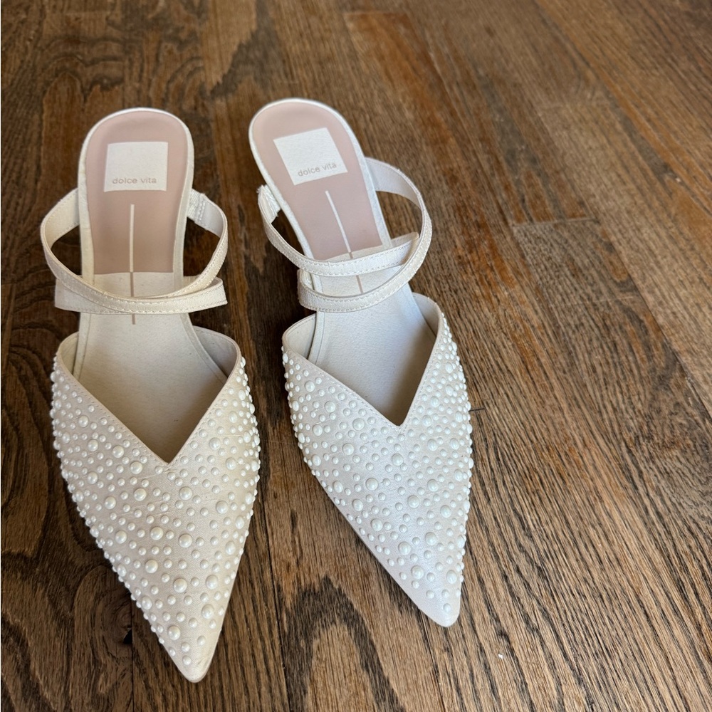 Dolce Vita Ivory Pearl-Embellished Pointed Slingback Mules